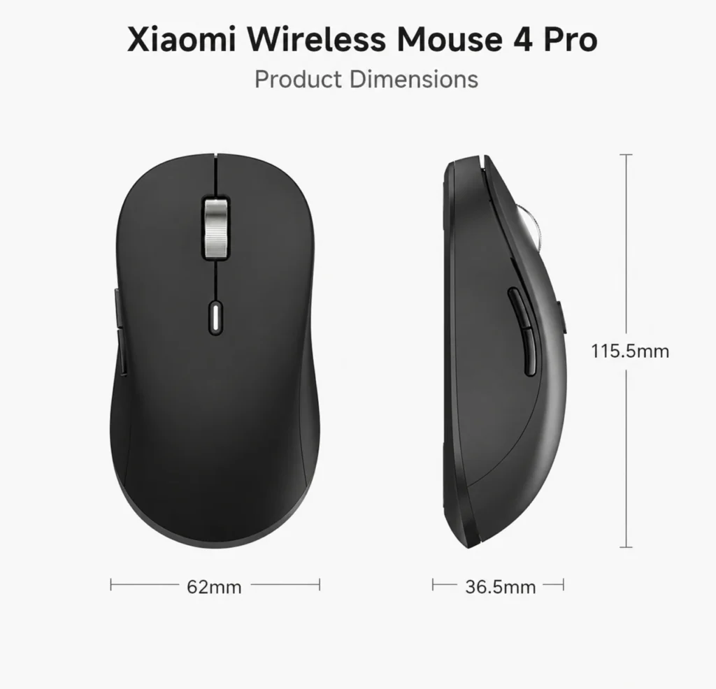 Xiaomi Wireless Mouse 4 Pro Goes on Sale July 7 for 199 Yuan 4 Front and side views of the Xiaomi Wireless Mouse 4 Pro with dimensions measuring 115.5 mm × 62 mm × 36.5 mm.