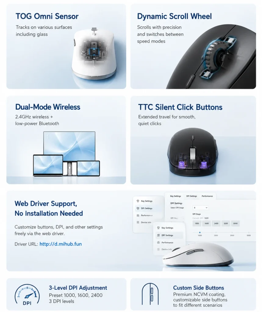 Xiaomi Wireless Mouse 4 Pro Goes on Sale July 7 for 199 Yuan 1 Xiaomi Wireless Mouse 4 Pro highlighting TOG Omni Sensor, dynamic scroll wheel, dual-mode wireless connectivity, silent TTC switches, and customizable web driver.
