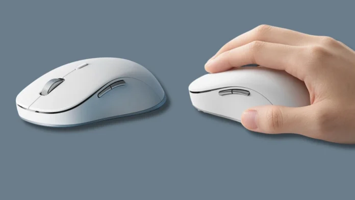 Xiaomi Wireless Mouse 4 Pro in white shown alongside a hand demonstrating its ergonomic shape and comfortable grip.