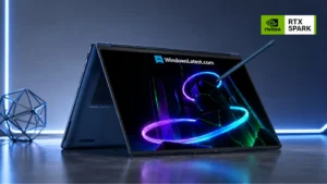 Lenovo Yoga 9n convertible laptop featuring NVIDIA RTX Spark branding and stylus support.